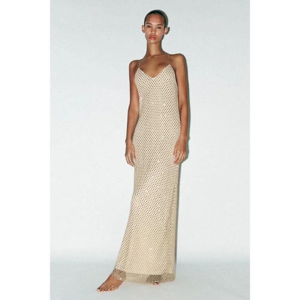 Zara Womens Long Strass Dress Large L Golden Rhinestones Net Fabric 4772/342 NWT